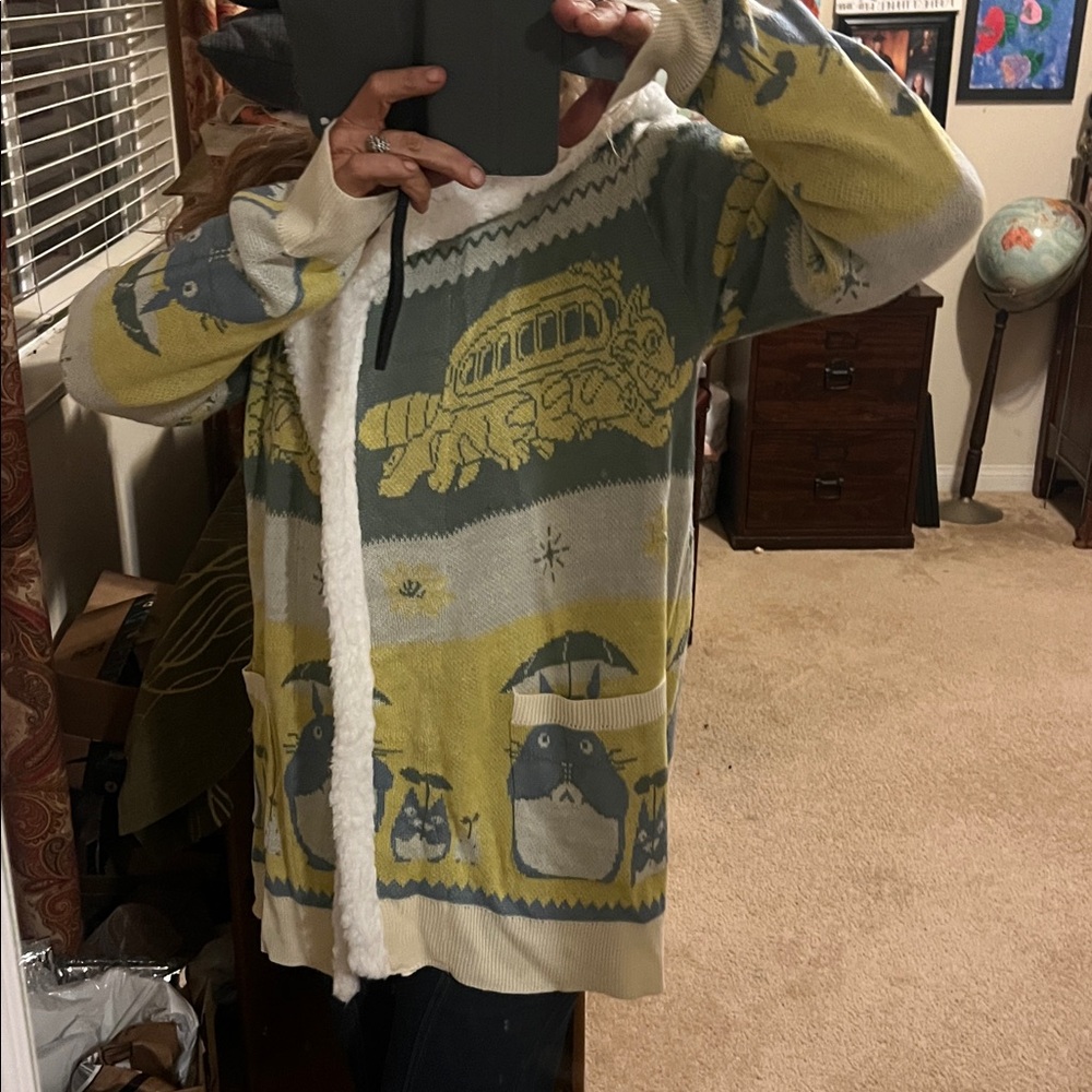 Studio Ghibli My Neighbor Totoro Fair Isle Sherpa Cardigan Yellow Blue hooded - Picture 4 of 8